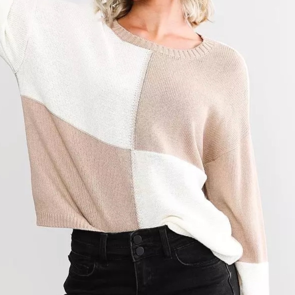 Chic Nation Cream and Tan Color Block Sweater